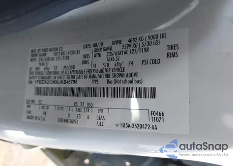 2018 Ford Transit-350 Xl from USA, damaged, VIN 1FBZX2CMXJKB46798